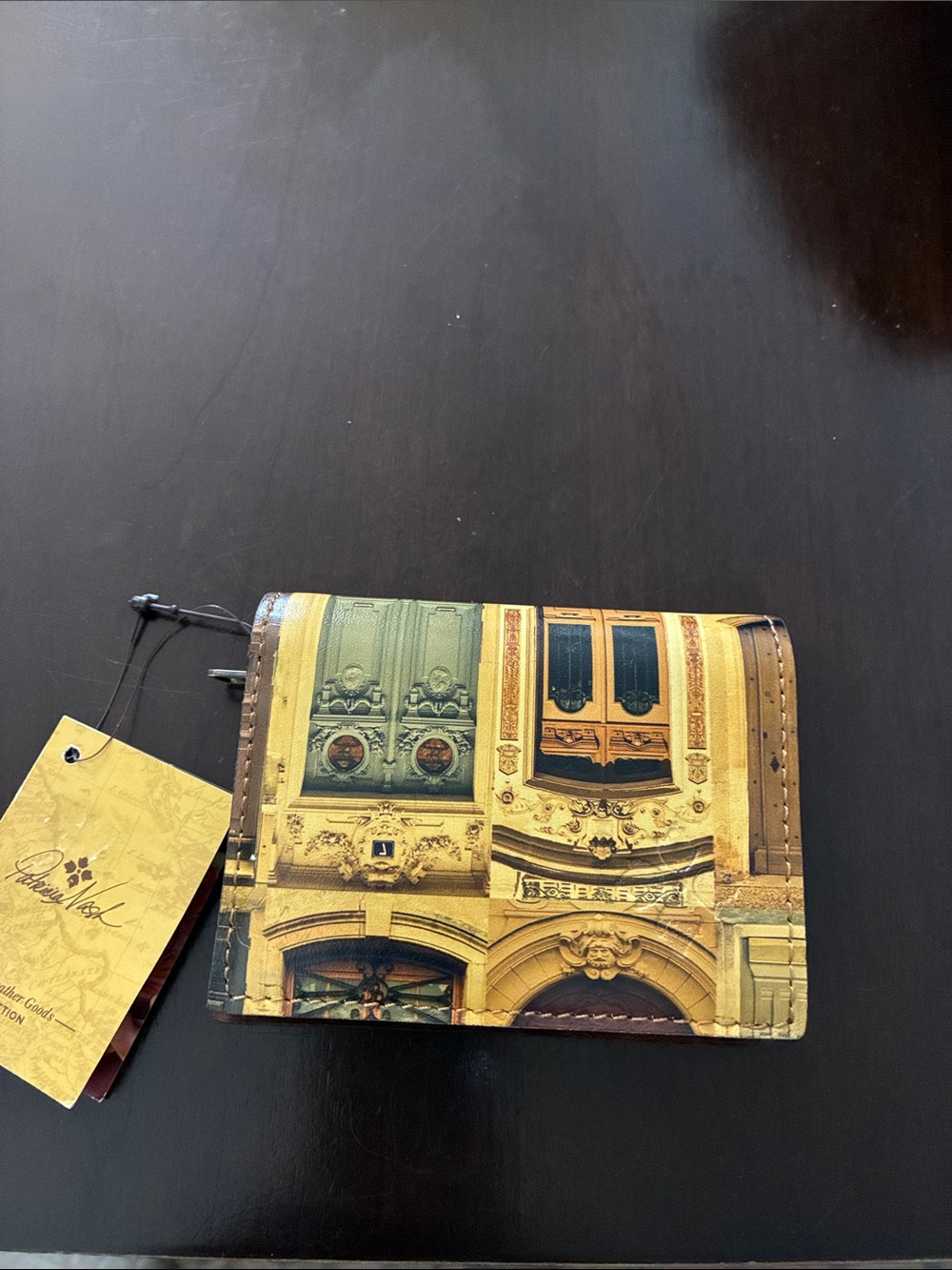 Patricia Nash Yellow and Brown Architectural Print Leather Wallet